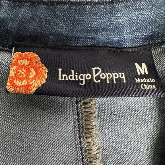 Indigo Poppy Denim Shirtdress Midi Elastic Waist Full Zip Sleeveless Women's M - Picture 6 of 8